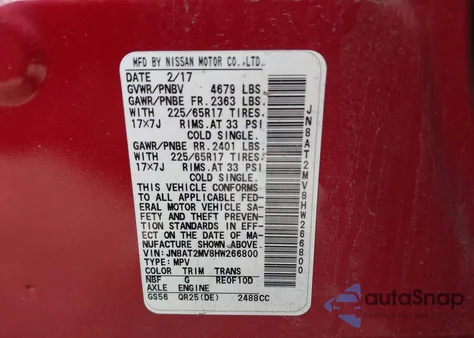 2017 Nissan Rogue Sv из США, поврежденный, VIN JN8AT2MV8HW266800